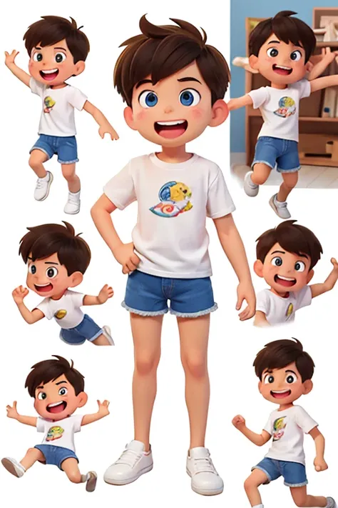 a boy in various action poses and with various expressions, scared, happy, smiling, , on a white background and in the style of a childrens drawing book. Simple, friendly boy in a white t-shirt and denim shorts without glasses without hat.