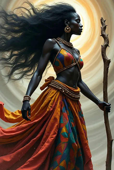 African woman black skin sculptural figure with 9-color saya and an iruke in her hand and a whirlwind in the background
