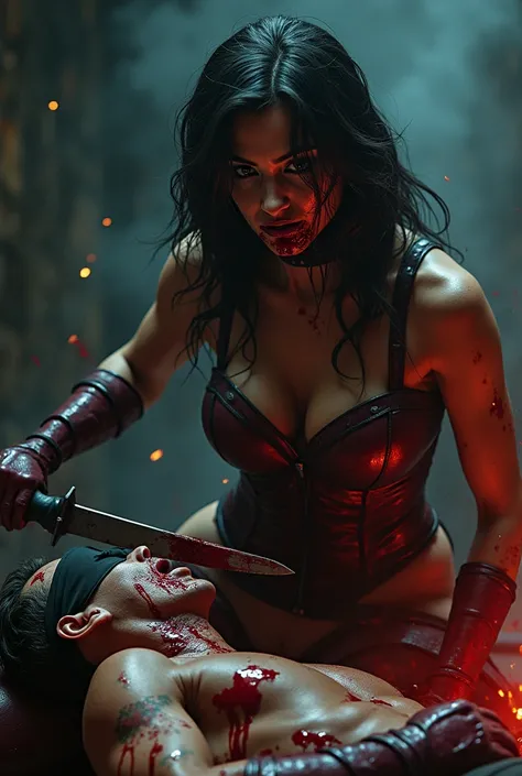 Realistic, A very beautiful executioner superheroine girl knife, cut throat A boy blindfold neck bloody splashed, full body, wide open throat, throat contents