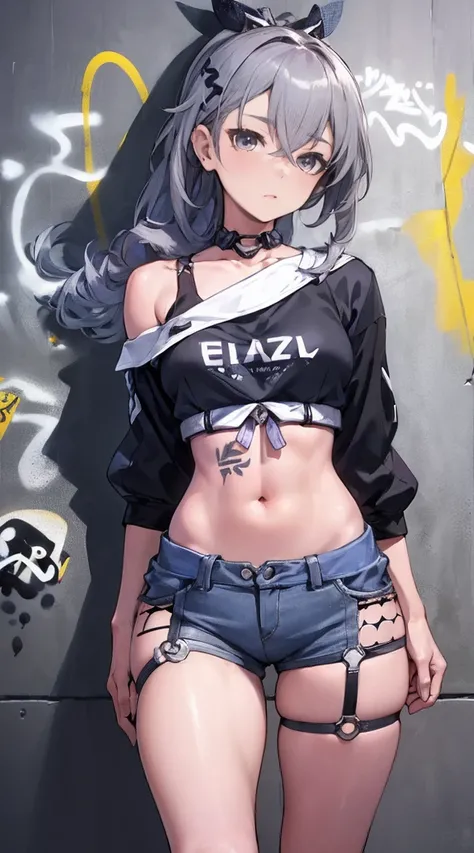 Silver wolf|honkai Star rail, master-piece, bestquality, 1girls,2, proportional body, elongated legs, Beautiful, proportional., crop top, Long Jeans, mediuml breasts, ,bara, crop top, choker, (Graffiti:1.5), Splash with purple lightning pattern., arm behin...