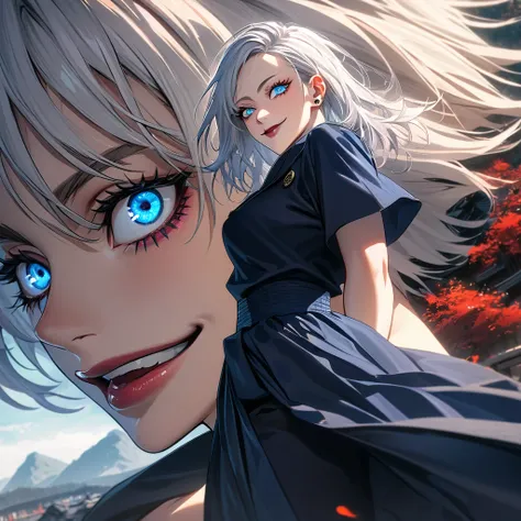 ultra detailed, High resolution, HdR, absurdities, satoru gojo woman, white hair, wavy, blue eyes, steal with style, piercing, attractive woman, Extremely pretty and very detailed eyes, smile, Jujutsu Kaisen