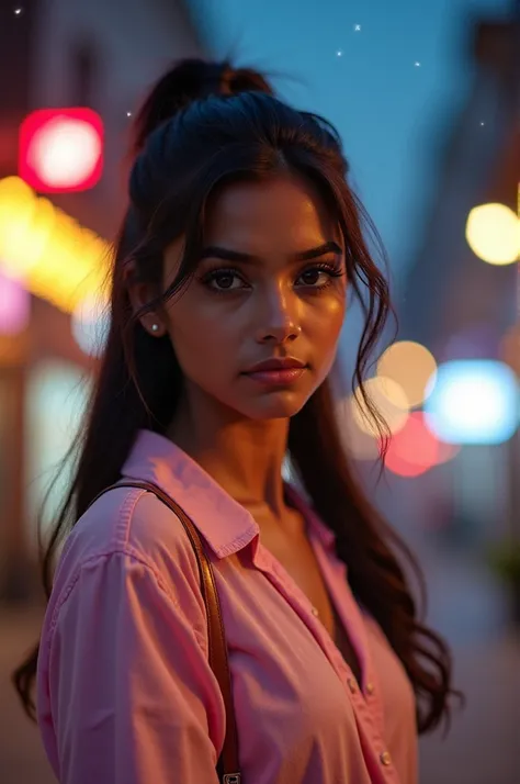 Beautiful Indian Girl, (Best Quality, 8k, 32K, perfect body, ultra detailed body) ciudad de evening, Streets of the city, blurred background, many lights, light pink clothes, SERIOUS LOOK, ponytail in hair, evening, starry sky, Real photo, canon camera foc...