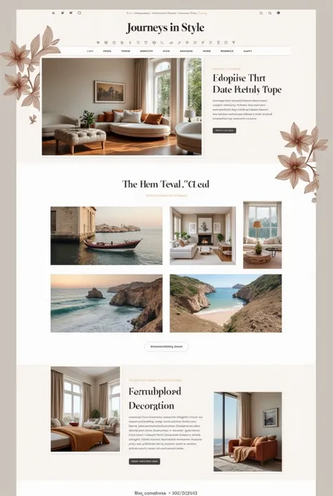 Create an image of a professional and artistic blog homepage design that combines themes of home decor and travel using journeys in style as the name . The layout should be modern and elegant, featuring high-resolution images of chic interiors and stunning...