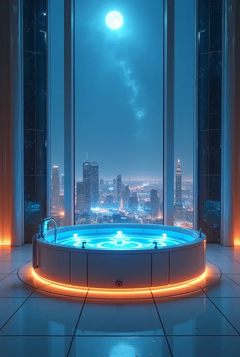  futuristic bathroom, neon lights, huge room,  futuristic, wide room, blue and purple neon lights, huge jacuzzi bathtub,  huge window, futuristic view, night view, 
