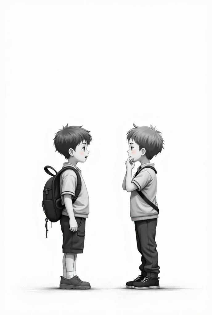  A simple black and white painting without color, a conversation between two boys who are just getting to know each other