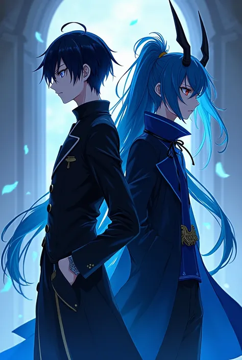 anime characters dressed in black and blue standing next to each other, rimuru and milim, tensei shitara slime datta ken, reincarnated as a slime, rimuru tempest, rimuru, konosuba, hajime yatate, sirius a and sirius b, profile shot of rimuru tempest com o ...