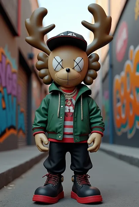 A 3D render art toy of GB streetwear clothing brand. The art toy is a buck whit kaws-style design, whit white eyes. The buck is wearing a GB hat, a necklace, and hip-hop style clothing. The background is a gritty urban setting with graffiti.