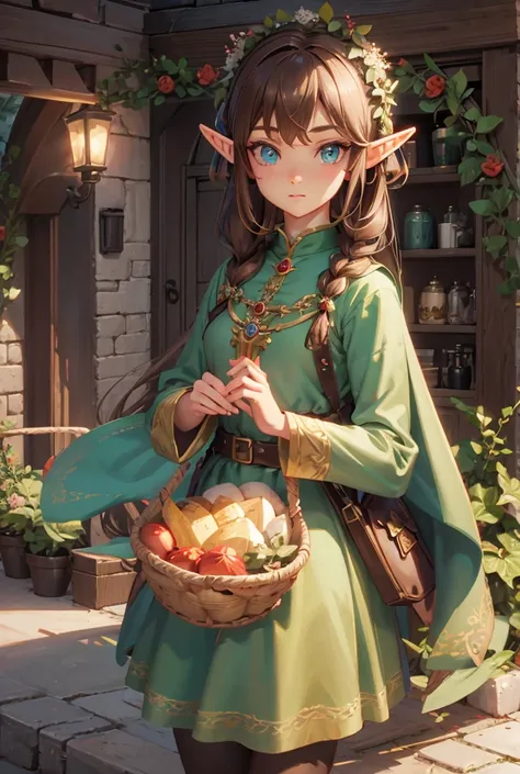 3d character, elf with brown hair, elf princess, wreath in the hair, stylized character, fantasies, tolkien