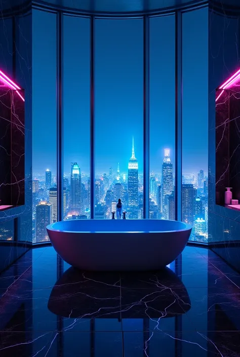  futuristic bathroom, neon lights, huge room,  futuristic, wide room, blue and purple neon lights, huge modern bathtub,  huge window, futuristic view, night view, dark marble, night room
