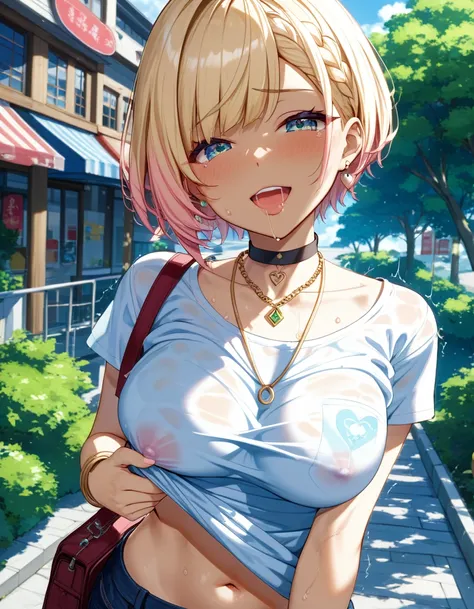 (Highest quality, 4K, 8k, High Resolution masterpiece:1.2), Very detailed, Picturesque, Anime-style photos, Photo Animation:1.37)、a beautiful girl、(Brunette Hair)、(pixie cut)、gyaru、tan、shirt lift、crowd、Street Corner、grab breasts、Ecstasy face、trembling、Swea...