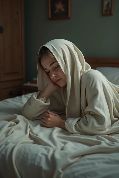 A girl laying on bed wearing Islamic burqa 