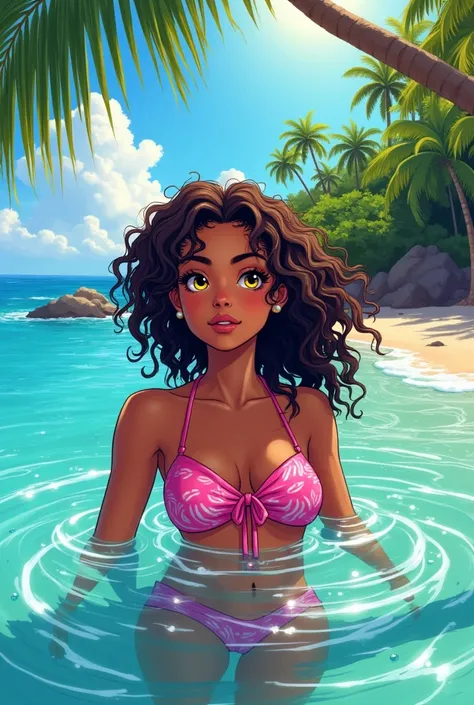 A young teenage girl with tanned skin, yellow eyes and curly frizzy hair bathing in the sea on the beach on an island where she is, she is wearing pink hawaiian clothes, the sky is blue and the sun is very bright, I want vibrant and very eye-catching color...