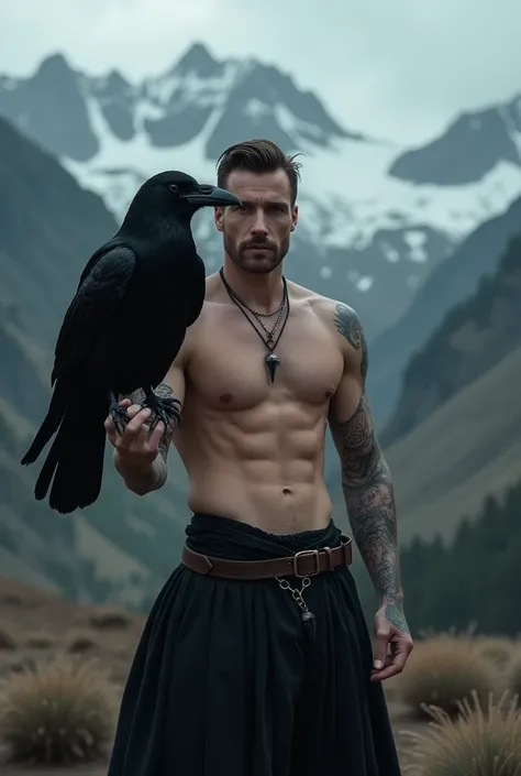 Handsome and naked man holding a black raven. Mountains behind of him. Image must be inspired by stories of Edgar Alan Poe. Mistery image. Realistic. Photography.