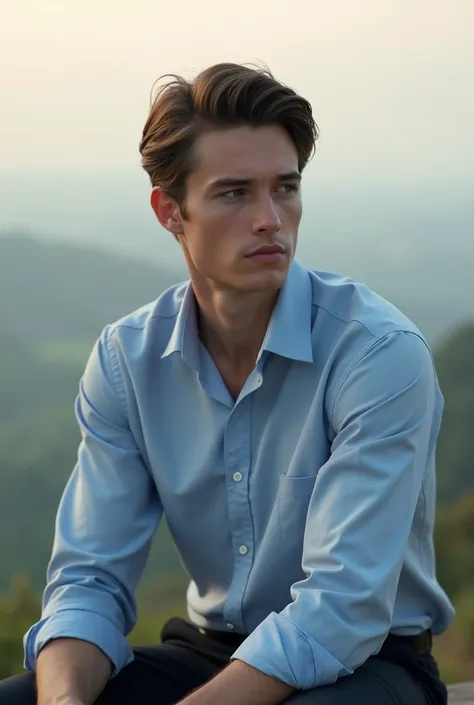 A handsome boy, 30 years old, wearing a collared dress with soft hair, sitting on a high place.