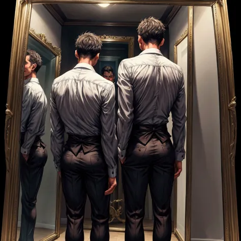 A frightened man stands with his back to the mirror, in which his reflection with an evil smile