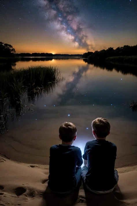 Prompt:
Create a serene nighttime scene on the Mecklenburgische Seenplatte, with two teenage brothers sitting quietly on a sandy shore, surrounded by calm waters. In the distance, two more boys are visible but not the focus of the scene. The sky is dark, y...