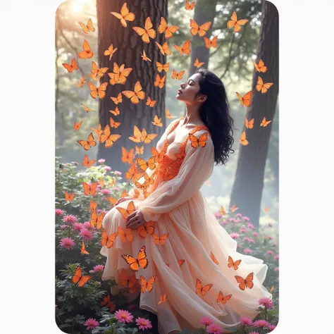 playing card, style dixit, A beautiful black haired woman completely covered in orange butterflies, , une robe vaporeuse qui fait presque partie delle., covered in butterflies, as if they were coming out of his chest, from his heart, des rayons de soleil t...