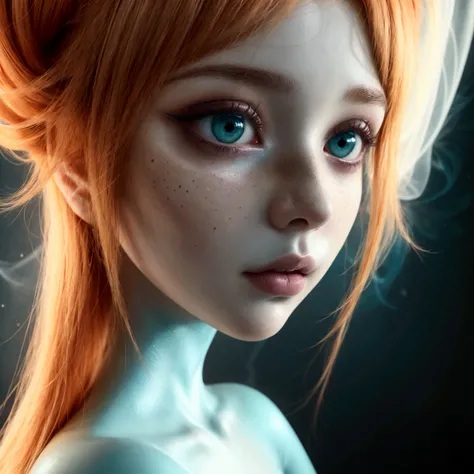 digital art  of an ethereal, full body doll-like miniature fantasy sci-fi design, ginger-haired nude, with a highly stylized appearance. The character has large, expressive teal iridescent eyes with intricate reflections, surrounded by dark, smoky makeup t...