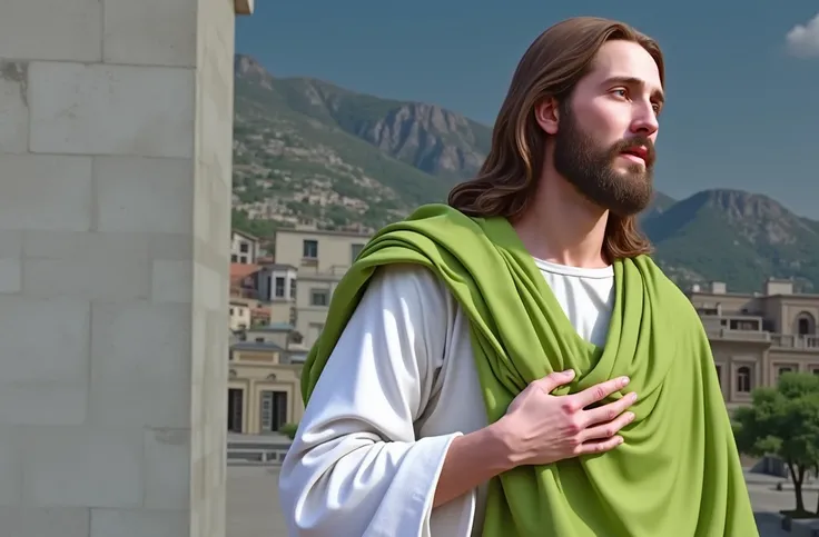 Replace the person in the green clothes in the uploaded photo with Jesus