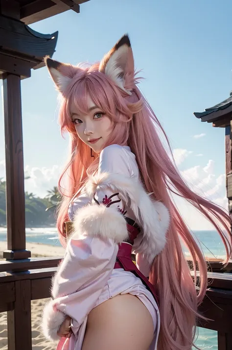 masterpiece, rich colors, Best quality, detailed, high resolution, high quality, high detail, thin sexy goddess Yae Miko, Five-tailed celestial kitsune, purple eyes, ((long pink hair)), pink pubic hair, ((bald tail)), ((very small fluffy fox ears)), kimono...