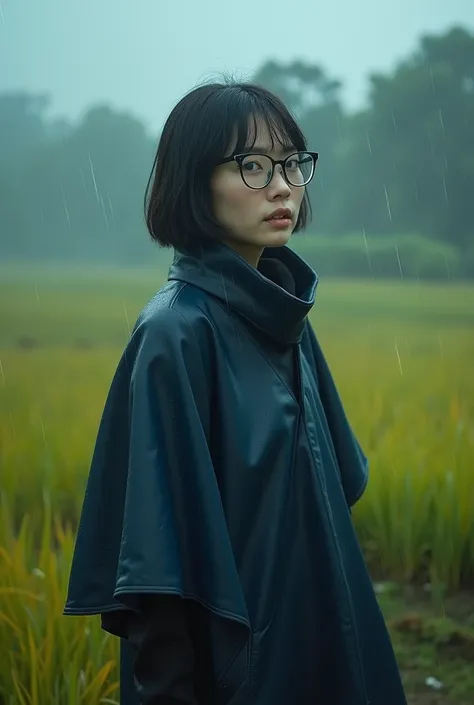 (Realistic) Realistic图像 (asian woman), (slim figure), (short hair), (White skin), (black eyes), Wearing a dark blue cloak, Walking in the pouring rain (serious face), (wear glasses), capture one (Kodachrome film style), have (grainy texture), Surrounded by...