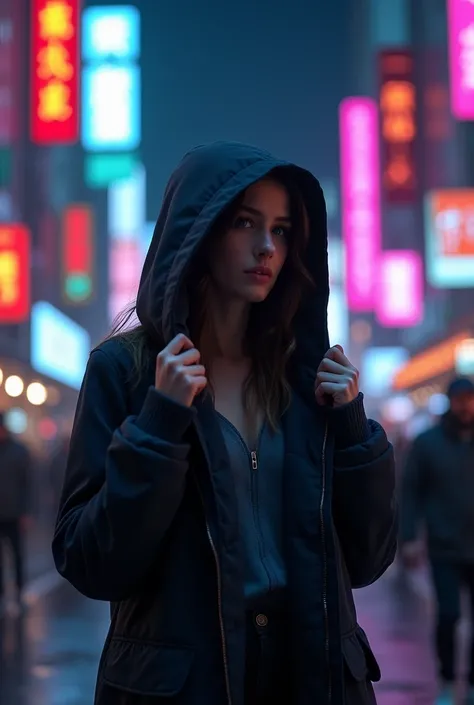 A lady putting on a hoodie in the night on the lighting streets with neon boards in background 