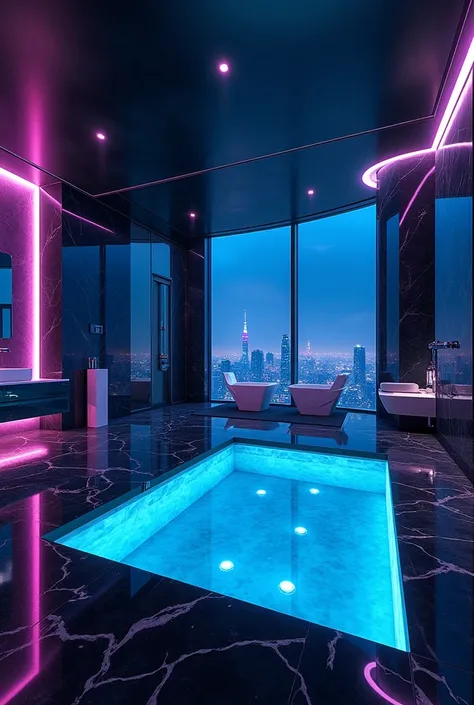 futuristic modern bathroom, neon lights, huge room,  futuristic, wide room, blue and purple neon lights, huge modern bathtub,  huge window, futuristic view, night view, dark marble, night room, modern bathroom sink, modern toilet, waterfall shower corner, ...