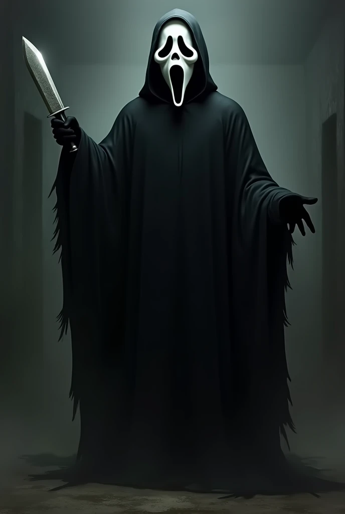 The character Ghostface from the movie Scream is depicted in a realistic style. He is holding a large, gleaming knife in his left hand raised upwards, while his right hand is pointing diagonally to the right at a slight angle. Ghostface is wearing his icon...