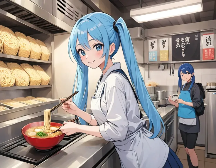 Stylish interior、A teenage girl working part-time at a popular ramen shop、Smiling while making ramen in the kitchen。Light blue long hair、Twin tails 、Her youth and passion、The smell of food fills the store.。