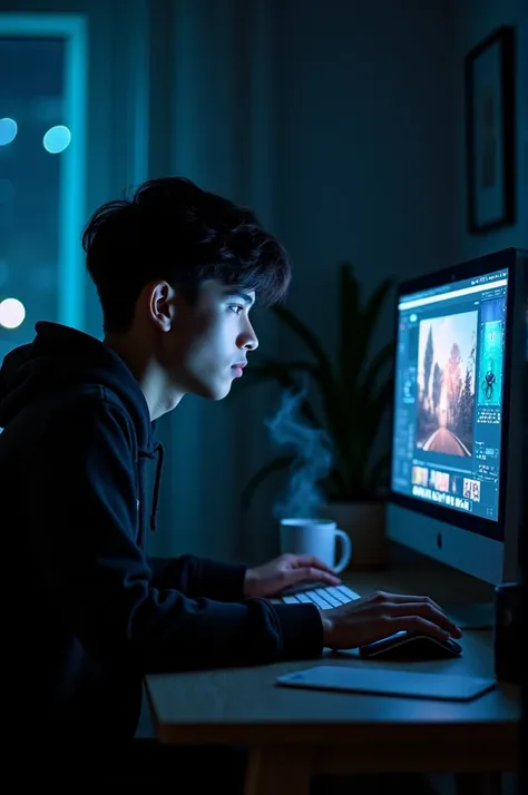 A 20-year-old boy sits on a computer and edits photos at night