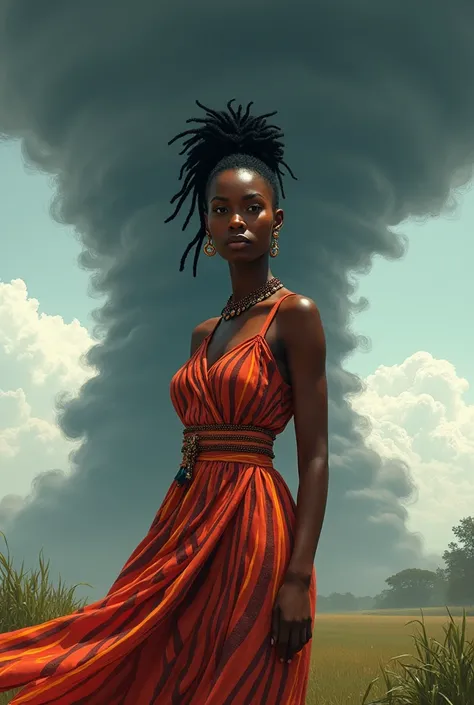 African woman in 9-color striped dress with a ponytail in her hand and a tornado in the background
