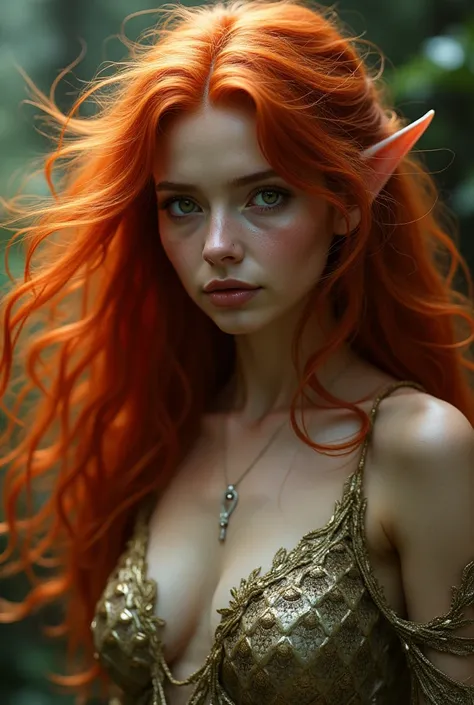 A divine beautiful adult woman with long wavy wild red hair with elf ear and scales