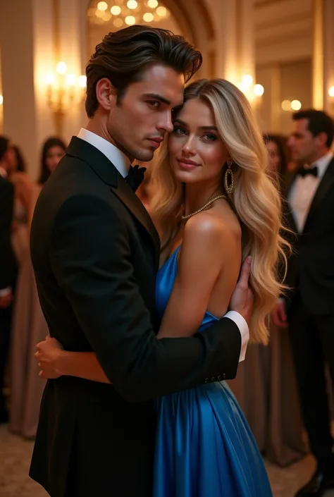 (Photorealism:1.2), man in a suit with a blue tie dark brown hair brown eyes hugging a woman in front of her with blonde hair green eyes long hair wearing a blue dress at an elegant party 8k ultrarealistic photorealistic super detailed the best possible 