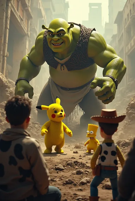 Image of an epic and fierce fight at the end of a post-apocalyptic world ruled by Mickey Mouse. That a Teletubbie is fighting to the death against the ogre Shruek. Let Woody from Toy Story watch with intrigue in the audience along with Bart Simpson and Pik...