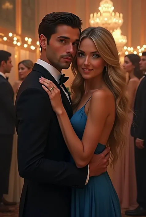 (Photorealism:1.2), man in a suit with a blue tie dark brown hair brown eyes hugging a woman in front of her with blonde hair green eyes long hair wearing a blue dress at an elegant party 8k ultrarealistic photorealistic super detailed the best possible 