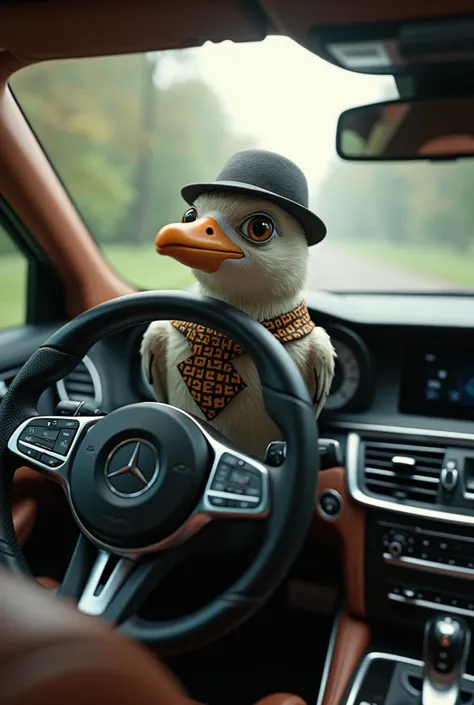 Bird driving a Mercedes 