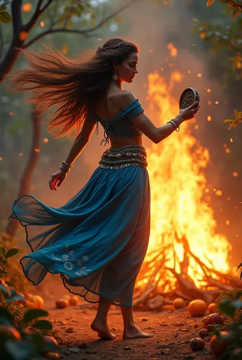 Gypsy woman dancing in front of a bonfire with her long brown hair, wearing blue dress with coins and holding a tambourine near various fruits descalça.