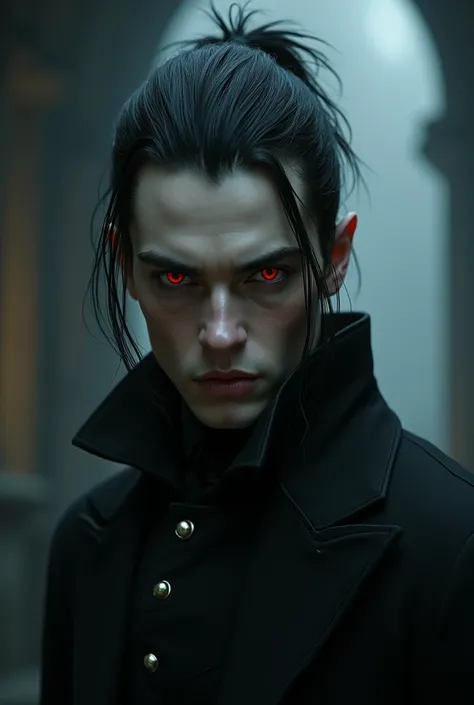 a vampire  , pale skin, Red eyes, medium length black hair tied into a ponytail . GUY 1 