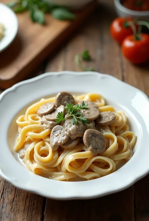 Create a white plate with fettuccine pasta in mushroom sauce on a wooden table 
