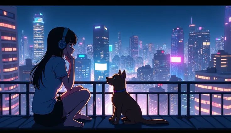 Girl sitting on balcony , Feel the view outside、look  , Focus on the night city  ,2D Game Art Styles ,Chinstill 50, Put headphones on your ears , Sing a song  , at night, Colorful animation skills, A dog is sitting next to a girl、Makoto Shinkai style