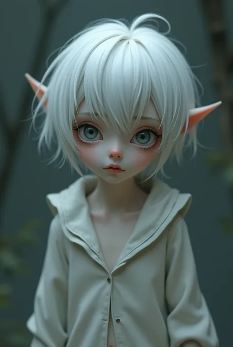 Engeal is a boy who is about 1.59 CM, He has short white hair, She has pale skin and a thin build and a small waist., He also has blue and grey eyes., along with his eyelashes and eyebrows being white as well as his hair, He has a sad look 