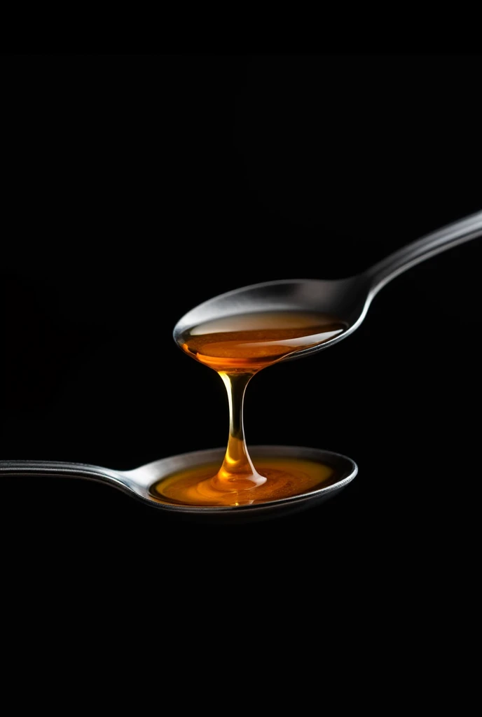 Perfect time photography picture of honey drop dripping from steel spoon, black background