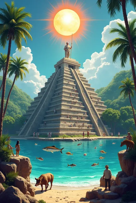 Make me a picture with a sea and 11 fish in it, palm trees and gum trees on the sides and in the middle a large pyramid and at the top are Gonzalo Guerrero and Za&#39;zil and on each step there are fishermen and more people. Also that next to the trees the...