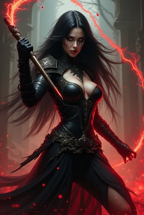 Very detailed, Ultra-high resolution, High Contrast, masterpiece, realistic, Scary scene, pretty woman, sexy face, golden eyes, black hair, frightening black dress with detailed armor, swinging spiked whip, ashen skin, channeling red electricity evil, comm...