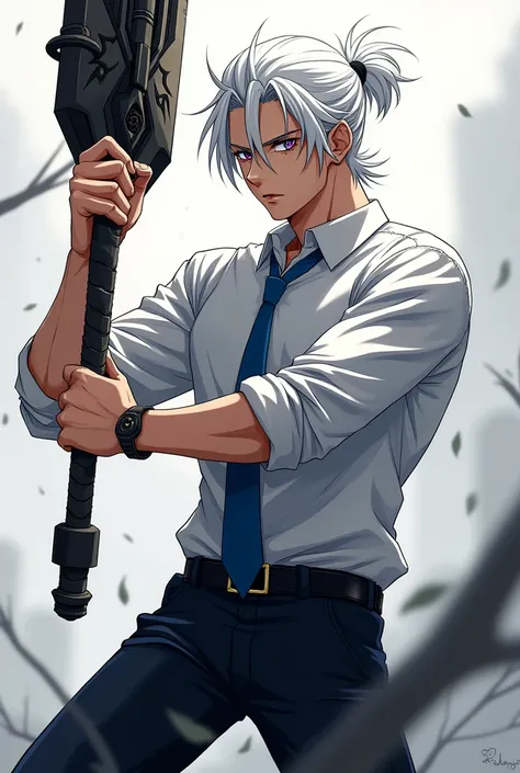 Create an image of a guy in anime style,with white hair and a small ponytail,the right eye has to be closed and the left eye has a purple iris,white dress shirt,blue tie and black pants,in the closed eye there must be a scar and make him hold a giant war m...