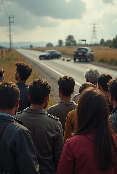 Frightened people watching a car crash from a distance