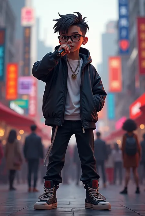 A cute  rapper boy stand in Shanghai street wearing rapper style dress  ,black glasses and holding mick in front of crowd ,look straight 