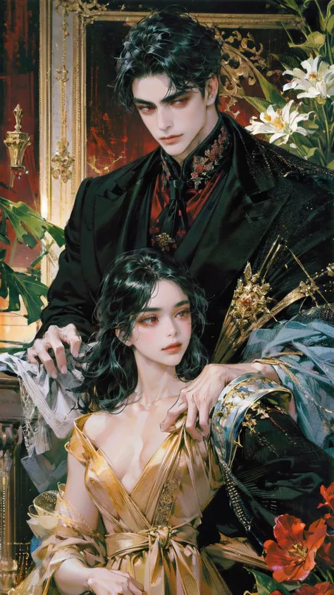 {(best quality, 8k, masterpiece, HDR, soft lighting, perfect image, digital illustration, manhwa art, hyper detailed image, perfect lines, realistic)} 1 very handsome man, black hair with bangs, red eyes, black tuxedo suit, intimidating, {(garden backgroun...