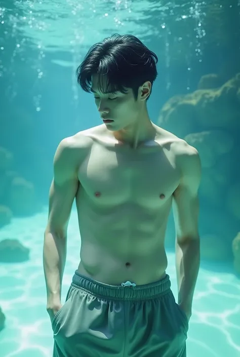 Movie Photoshoot of, safe , realistic , 4k, jungkook liying in a aquarium, fullbody view. Water on waist level, water reflected, distorted water, bright photo, NO eXPLICIT CONTENT, admiring his p3nis, publc bathrroom, jungkook looking down, hand on holding...