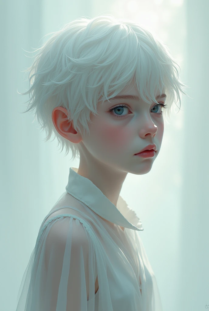 Engeal is a boy who is about 1.70 cm, He has short white hair, She has pale skin and a thin build and a small waist., He also has blue and grey eyes., along with his eyelashes and eyebrows being white as well as his hair, He has a sad look